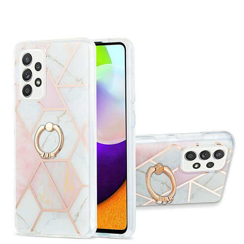 Silicone Candy Rubber Gel Fashionable Pattern Soft Case Cover with Finger Ring Stand Y01B for Samsung Galaxy A52 5G Pink