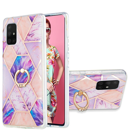 Silicone Candy Rubber Gel Fashionable Pattern Soft Case Cover with Finger Ring Stand Y01B for Samsung Galaxy A71 4G A715 Clove Purple