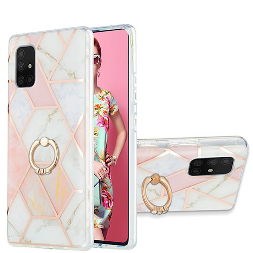 Silicone Candy Rubber Gel Fashionable Pattern Soft Case Cover with Finger Ring Stand Y01B for Samsung Galaxy A71 4G A715 Pink