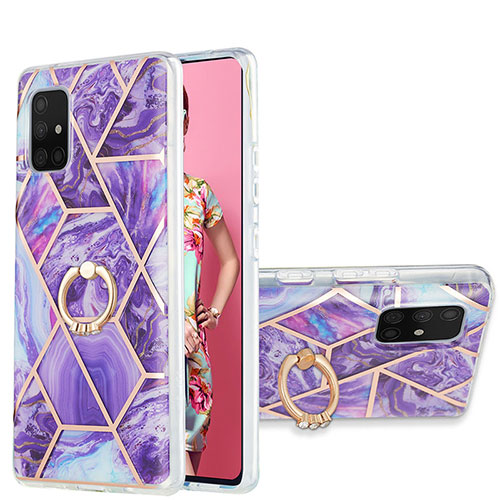 Silicone Candy Rubber Gel Fashionable Pattern Soft Case Cover with Finger Ring Stand Y01B for Samsung Galaxy A71 4G A715 Purple