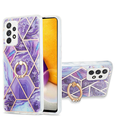 Silicone Candy Rubber Gel Fashionable Pattern Soft Case Cover with Finger Ring Stand Y01B for Samsung Galaxy A72 5G Purple