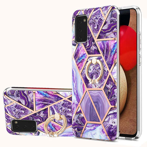 Silicone Candy Rubber Gel Fashionable Pattern Soft Case Cover with Finger Ring Stand Y01B for Samsung Galaxy F02S SM-E025F Purple