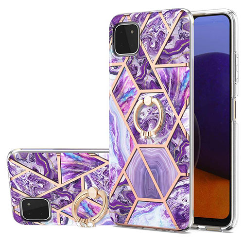 Silicone Candy Rubber Gel Fashionable Pattern Soft Case Cover with Finger Ring Stand Y01B for Samsung Galaxy F42 5G Purple