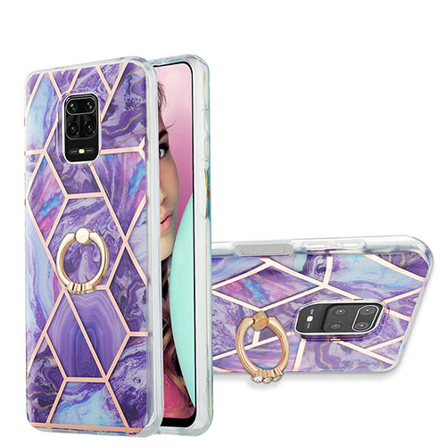 Silicone Candy Rubber Gel Fashionable Pattern Soft Case Cover with Finger Ring Stand Y01B for Xiaomi Redmi Note 9 Pro Purple