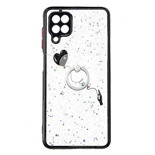 Silicone Candy Rubber Gel Fashionable Pattern Soft Case Cover with Finger Ring Stand Y01X for Samsung Galaxy A12 Black