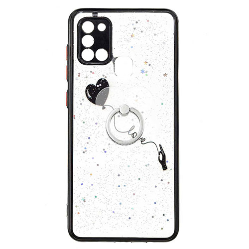 Silicone Candy Rubber Gel Fashionable Pattern Soft Case Cover with Finger Ring Stand Y01X for Samsung Galaxy A21s Black