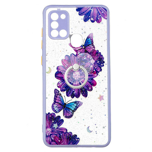 Silicone Candy Rubber Gel Fashionable Pattern Soft Case Cover with Finger Ring Stand Y01X for Samsung Galaxy A21s Purple