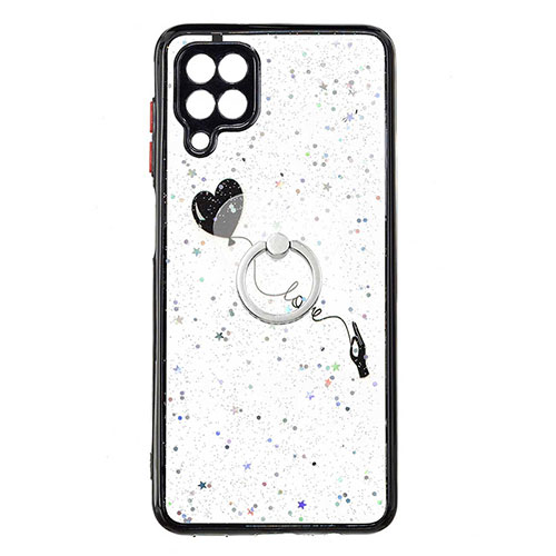 Silicone Candy Rubber Gel Fashionable Pattern Soft Case Cover with Finger Ring Stand Y01X for Samsung Galaxy A22 4G Black