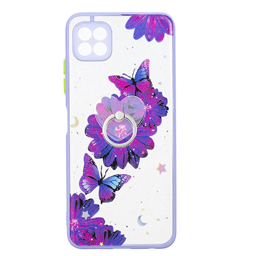 Silicone Candy Rubber Gel Fashionable Pattern Soft Case Cover with Finger Ring Stand Y01X for Samsung Galaxy A22 5G Purple