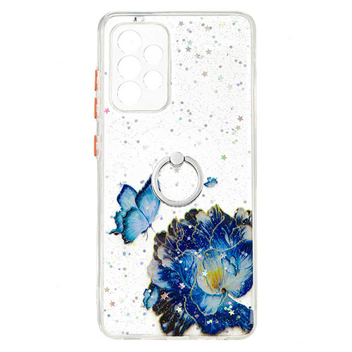 Silicone Candy Rubber Gel Fashionable Pattern Soft Case Cover with Finger Ring Stand Y01X for Samsung Galaxy A52 4G Blue