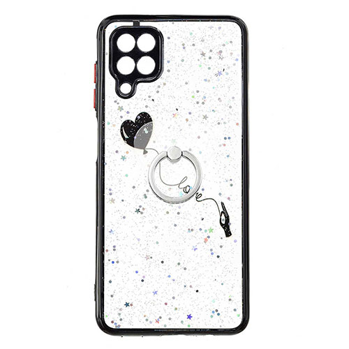 Silicone Candy Rubber Gel Fashionable Pattern Soft Case Cover with Finger Ring Stand Y01X for Samsung Galaxy M12 Black