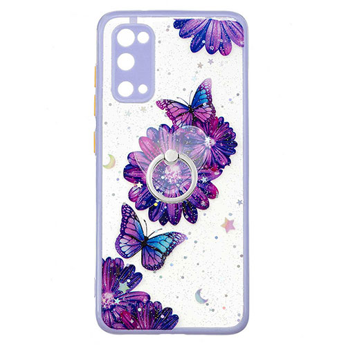 Silicone Candy Rubber Gel Fashionable Pattern Soft Case Cover with Finger Ring Stand Y01X for Samsung Galaxy S20 5G Purple