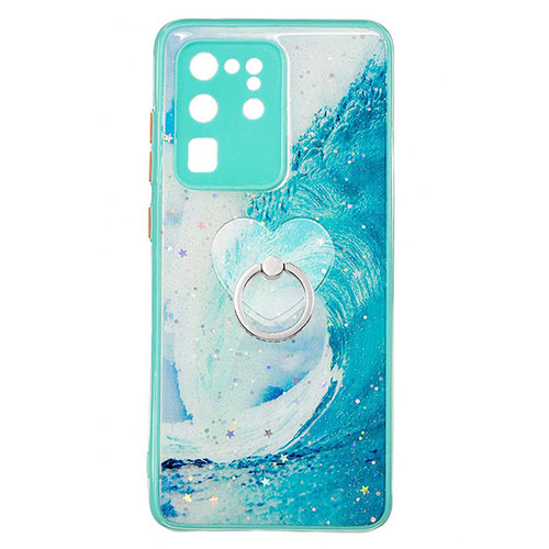 Silicone Candy Rubber Gel Fashionable Pattern Soft Case Cover with Finger Ring Stand Y01X for Samsung Galaxy S20 Ultra Green