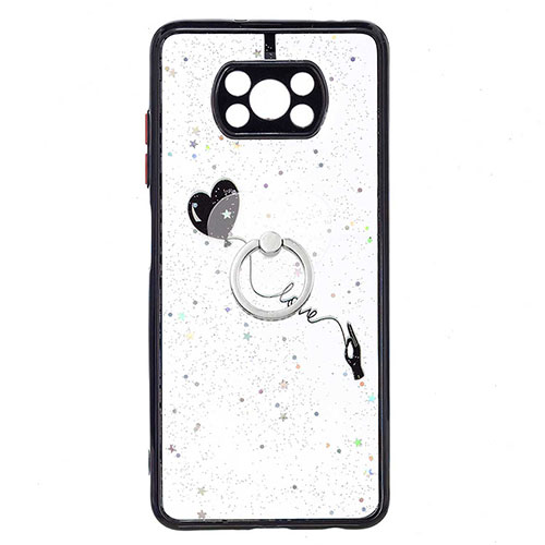 Silicone Candy Rubber Gel Fashionable Pattern Soft Case Cover with Finger Ring Stand Y01X for Xiaomi Poco X3 Black