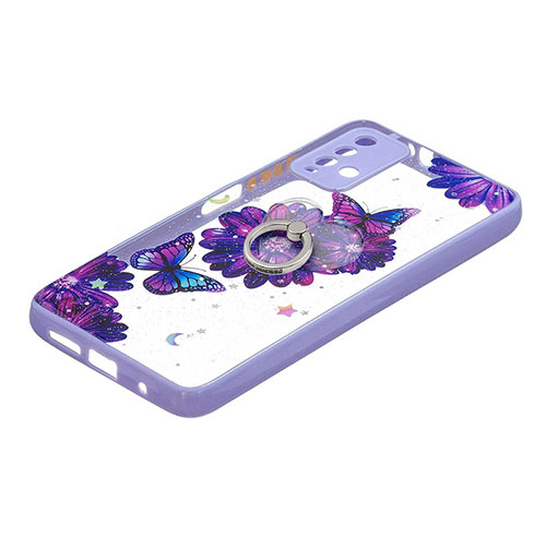 Silicone Candy Rubber Gel Fashionable Pattern Soft Case Cover with Finger Ring Stand Y01X for Xiaomi Redmi 9T 4G Purple