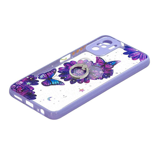 Silicone Candy Rubber Gel Fashionable Pattern Soft Case Cover with Finger Ring Stand Y01X for Xiaomi Redmi Note 10 4G Purple