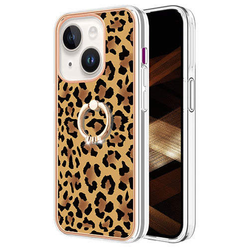 Silicone Candy Rubber Gel Fashionable Pattern Soft Case Cover with Finger Ring Stand Y02B for Apple iPhone 13 Brown