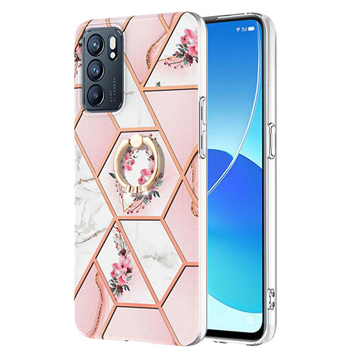 Silicone Candy Rubber Gel Fashionable Pattern Soft Case Cover with Finger Ring Stand Y02B for Oppo Reno6 5G Pink