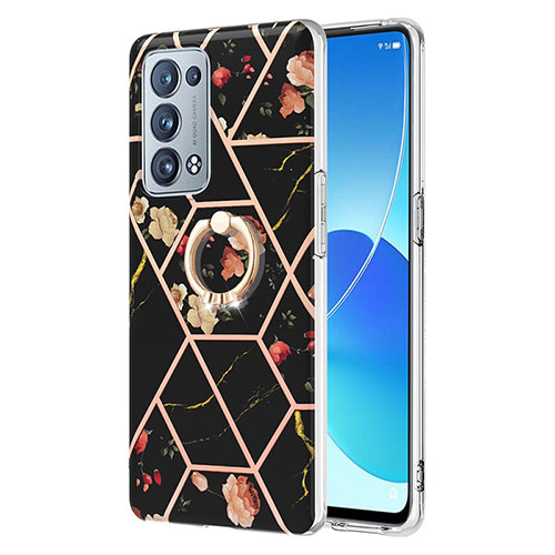 Silicone Candy Rubber Gel Fashionable Pattern Soft Case Cover with Finger Ring Stand Y02B for Oppo Reno6 Pro+ Plus 5G Black