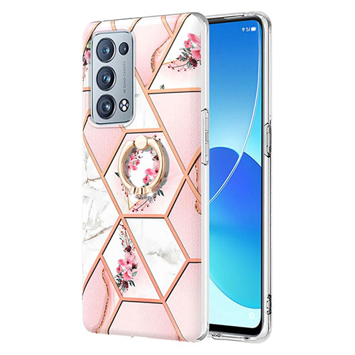 Silicone Candy Rubber Gel Fashionable Pattern Soft Case Cover with Finger Ring Stand Y02B for Oppo Reno6 Pro+ Plus 5G Pink