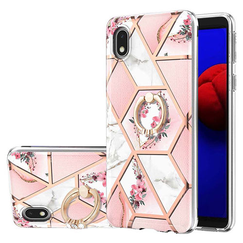 Silicone Candy Rubber Gel Fashionable Pattern Soft Case Cover with Finger Ring Stand Y02B for Samsung Galaxy A01 Core Pink