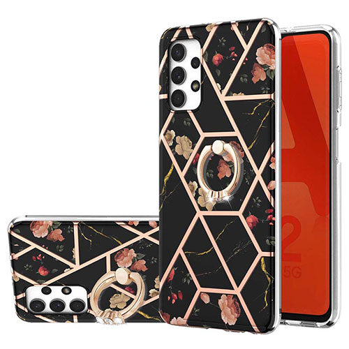 Silicone Candy Rubber Gel Fashionable Pattern Soft Case Cover with Finger Ring Stand Y02B for Samsung Galaxy A32 5G Black