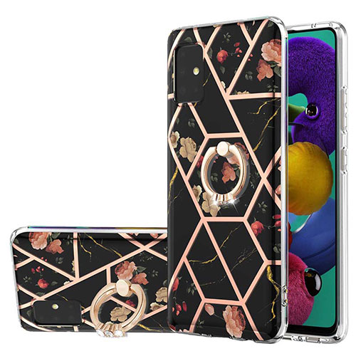 Silicone Candy Rubber Gel Fashionable Pattern Soft Case Cover with Finger Ring Stand Y02B for Samsung Galaxy A51 4G Black