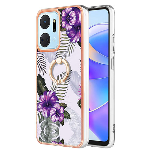 Silicone Candy Rubber Gel Fashionable Pattern Soft Case Cover with Finger Ring Stand Y03B for Huawei Honor X7a Purple