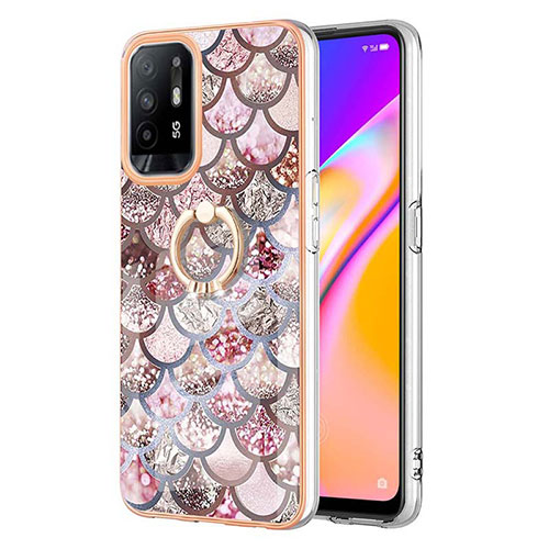 Silicone Candy Rubber Gel Fashionable Pattern Soft Case Cover with Finger Ring Stand Y03B for Oppo Reno5 Z 5G Brown