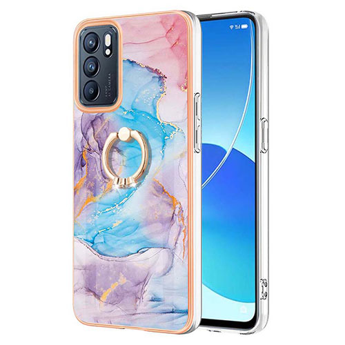 Silicone Candy Rubber Gel Fashionable Pattern Soft Case Cover with Finger Ring Stand Y03B for Oppo Reno6 5G Blue