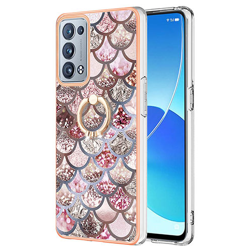 Silicone Candy Rubber Gel Fashionable Pattern Soft Case Cover with Finger Ring Stand Y03B for Oppo Reno6 Pro+ Plus 5G Brown