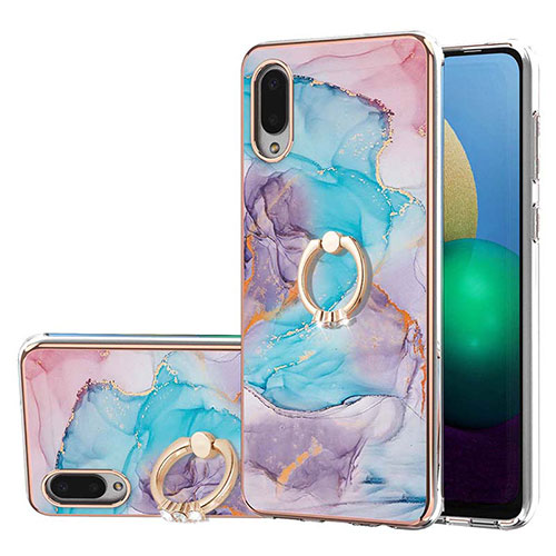 Silicone Candy Rubber Gel Fashionable Pattern Soft Case Cover with Finger Ring Stand Y03B for Samsung Galaxy A02 Blue