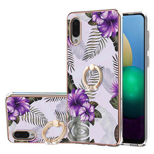 Silicone Candy Rubber Gel Fashionable Pattern Soft Case Cover with Finger Ring Stand Y03B for Samsung Galaxy A02 Purple