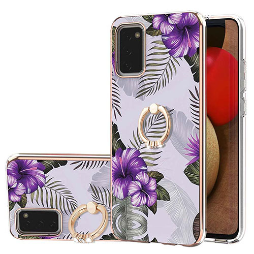 Silicone Candy Rubber Gel Fashionable Pattern Soft Case Cover with Finger Ring Stand Y03B for Samsung Galaxy A02s Purple