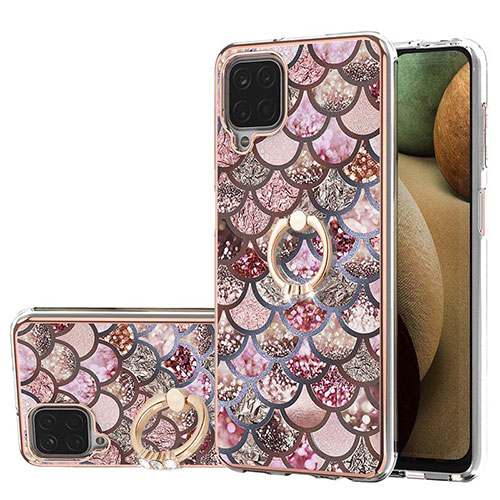 Silicone Candy Rubber Gel Fashionable Pattern Soft Case Cover with Finger Ring Stand Y03B for Samsung Galaxy A12 Brown