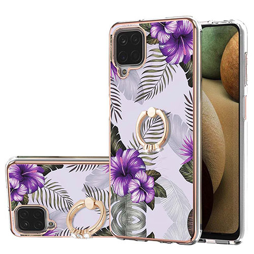 Silicone Candy Rubber Gel Fashionable Pattern Soft Case Cover with Finger Ring Stand Y03B for Samsung Galaxy A12 Nacho Purple