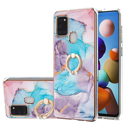 Silicone Candy Rubber Gel Fashionable Pattern Soft Case Cover with Finger Ring Stand Y03B for Samsung Galaxy A21s Blue