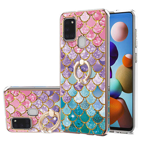 Silicone Candy Rubber Gel Fashionable Pattern Soft Case Cover with Finger Ring Stand Y03B for Samsung Galaxy A21s Colorful