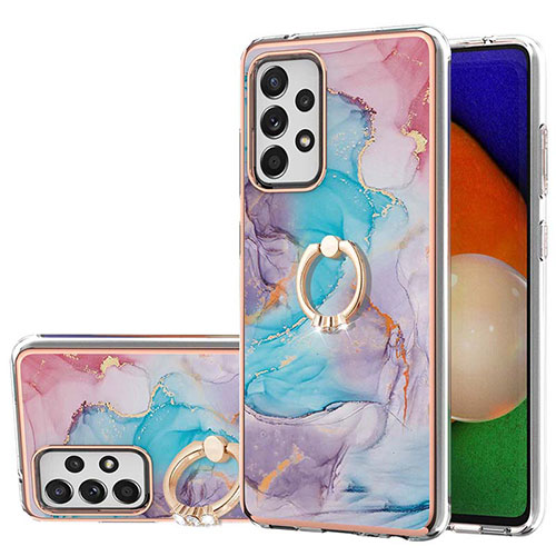 Silicone Candy Rubber Gel Fashionable Pattern Soft Case Cover with Finger Ring Stand Y03B for Samsung Galaxy A52 5G Blue