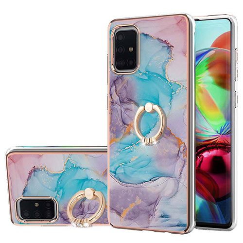 Silicone Candy Rubber Gel Fashionable Pattern Soft Case Cover with Finger Ring Stand Y03B for Samsung Galaxy A71 4G A715 Blue