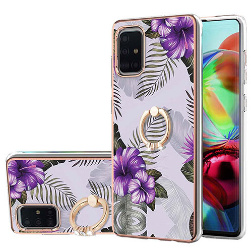 Silicone Candy Rubber Gel Fashionable Pattern Soft Case Cover with Finger Ring Stand Y03B for Samsung Galaxy A71 4G A715 Purple