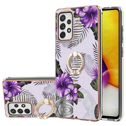 Silicone Candy Rubber Gel Fashionable Pattern Soft Case Cover with Finger Ring Stand Y03B for Samsung Galaxy A72 4G Purple