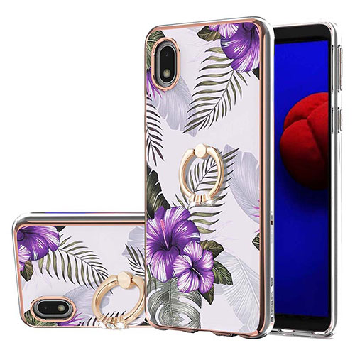 Silicone Candy Rubber Gel Fashionable Pattern Soft Case Cover with Finger Ring Stand Y03B for Samsung Galaxy M01 Core Purple