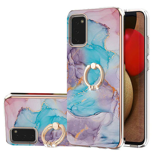 Silicone Candy Rubber Gel Fashionable Pattern Soft Case Cover with Finger Ring Stand Y03B for Samsung Galaxy M02s Blue