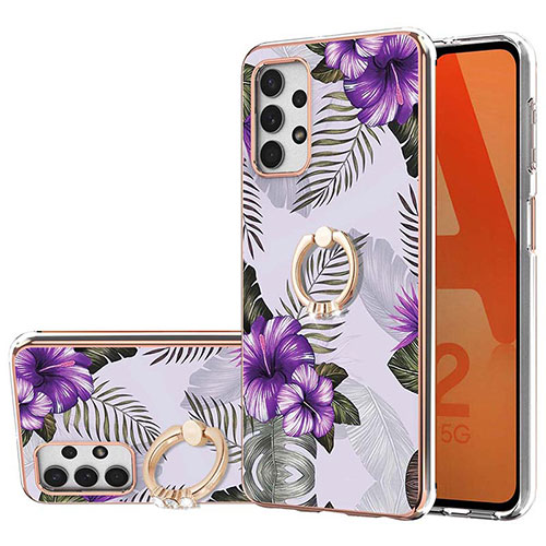 Silicone Candy Rubber Gel Fashionable Pattern Soft Case Cover with Finger Ring Stand Y03B for Samsung Galaxy M32 5G Purple