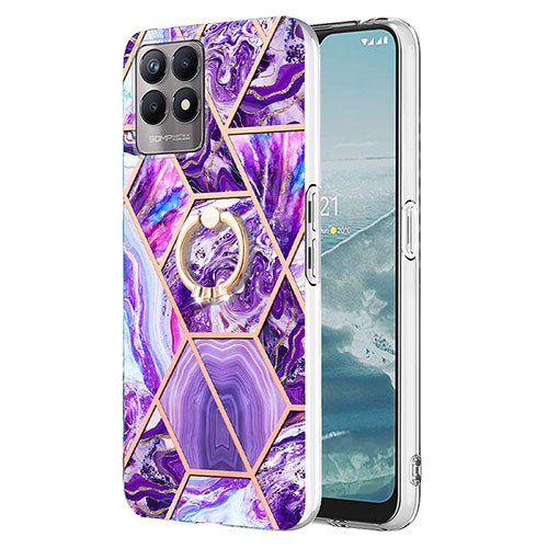 Silicone Candy Rubber Gel Fashionable Pattern Soft Case Cover with Finger Ring Stand Y04B for Realme 8i Purple