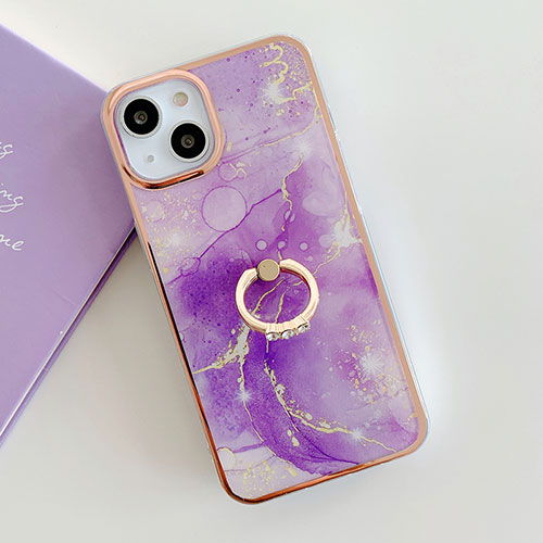 Silicone Candy Rubber Gel Fashionable Pattern Soft Case Cover with Finger Ring Stand Y05B for Apple iPhone 15 Plus Purple