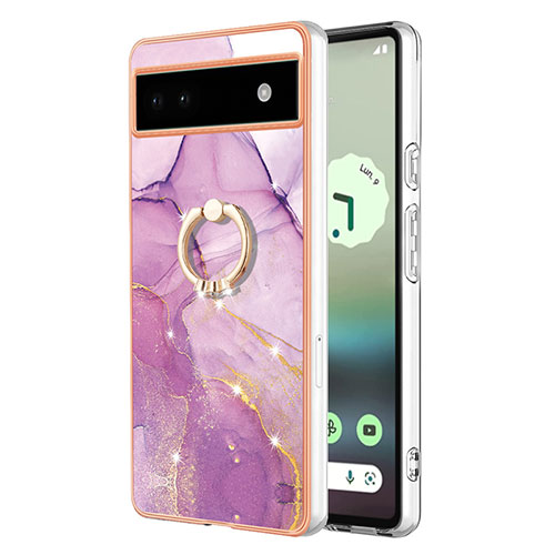 Silicone Candy Rubber Gel Fashionable Pattern Soft Case Cover with Finger Ring Stand Y05B for Google Pixel 6a 5G Clove Purple