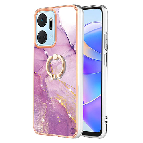 Silicone Candy Rubber Gel Fashionable Pattern Soft Case Cover with Finger Ring Stand Y05B for Huawei Honor X7a Clove Purple