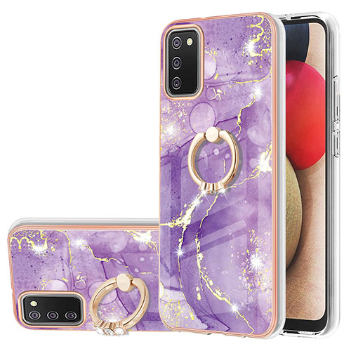 Silicone Candy Rubber Gel Fashionable Pattern Soft Case Cover with Finger Ring Stand Y05B for Samsung Galaxy A03s Purple
